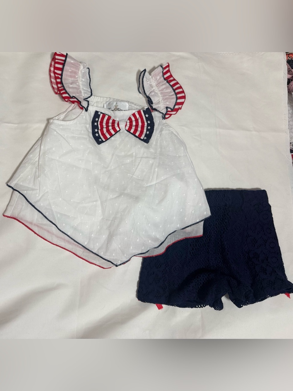 Rare Editions White Eyelet Tank with Red & Blue Bow and Navy Lace Shorts